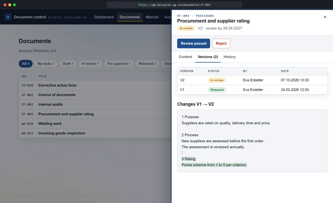 Screenshot of the demo Document control